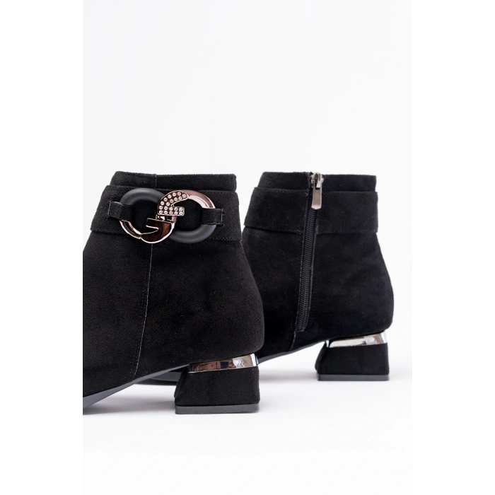 RM-504 Siyah Süet Toka Aksesuarlı Topuklu Fermuarlı Günlük Kadın Bot