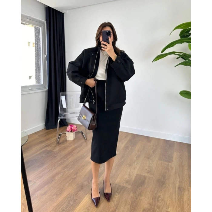 RYE evsim Kaşe Fermuarlı Ceket Etek Takım Kaşmir Ceket Etekli  İkili Takım Kaşe Bomber CeketEtek Takım