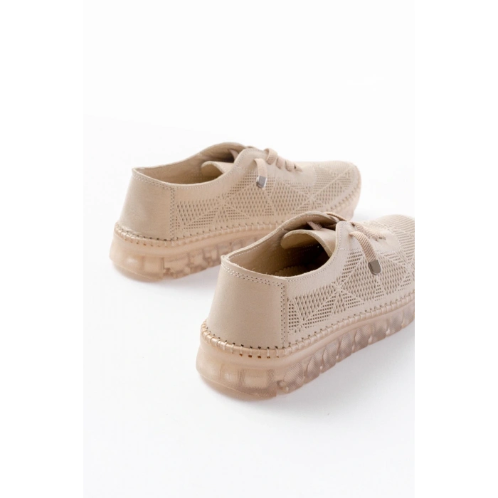 S-365  Bej Desenli Hakiki Deri Şeffaf Taban Kadın Spor Ayakkabı