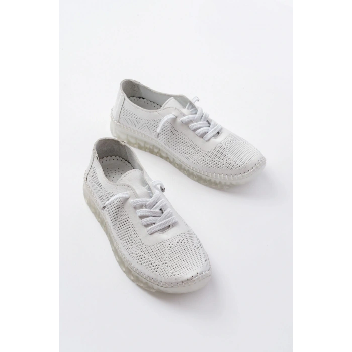 S-365  Beyaz Desenli Hakiki Deri Şeffaf Taban Kadın Spor Ayakkabı