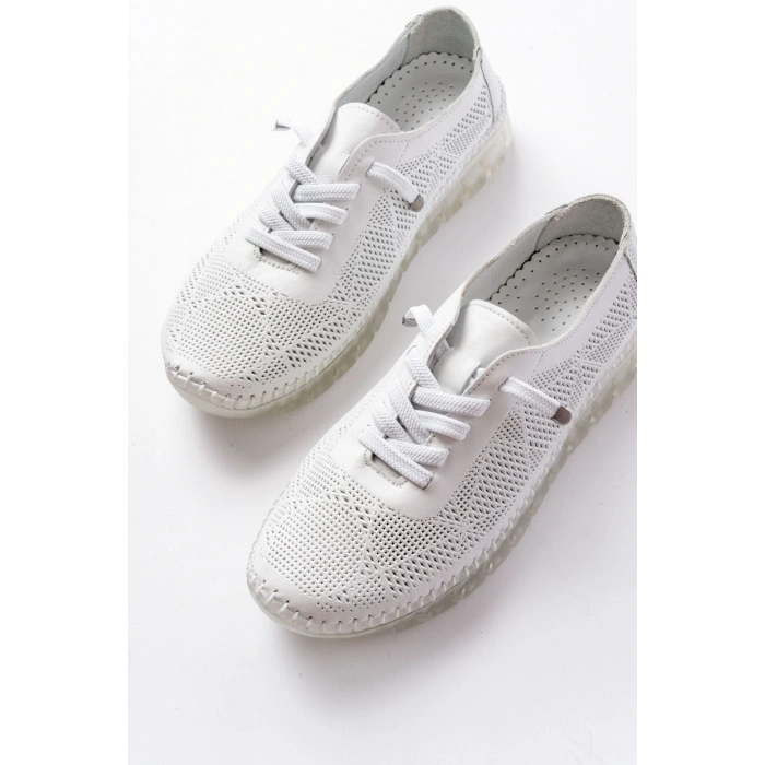 S-365  Beyaz Desenli Hakiki Deri Şeffaf Taban Kadın Spor Ayakkabı