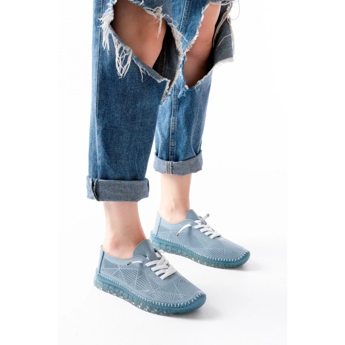 S-365  Mavi Desenli Hakiki Deri Şeffaf Taban Kadın Spor Ayakkabı