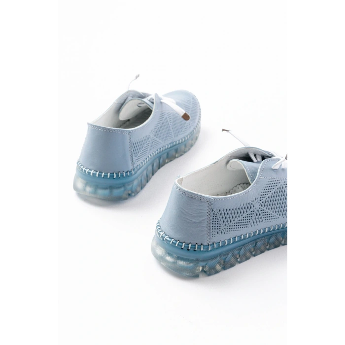 S-365  Mavi Desenli Hakiki Deri Şeffaf Taban Kadın Spor Ayakkabı