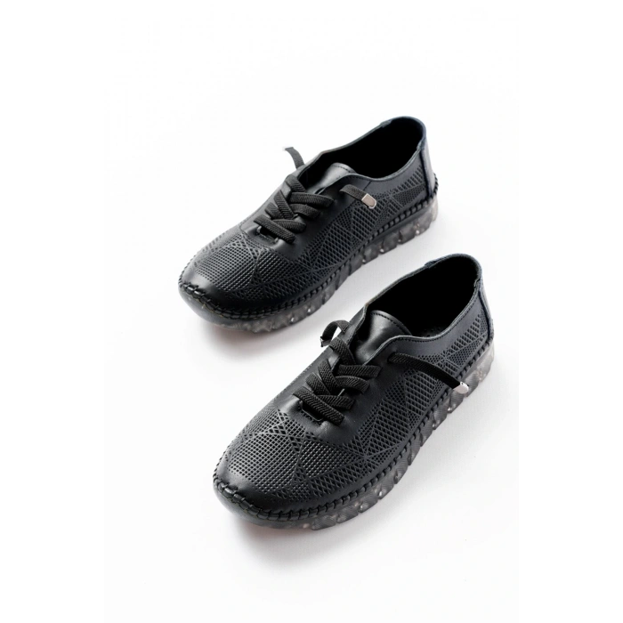 S-365  Siyah Desenli Hakiki Deri Şeffaf Taban Kadın Spor Ayakkabı