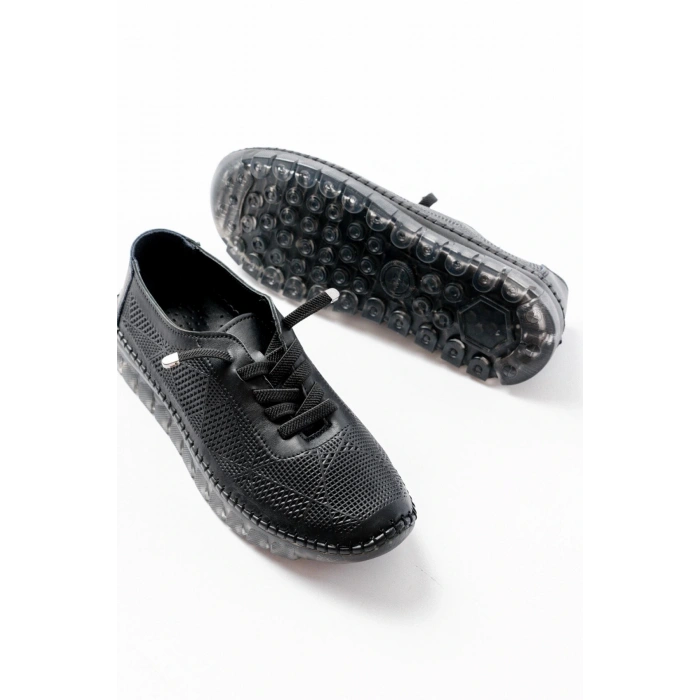 S-365  Siyah Desenli Hakiki Deri Şeffaf Taban Kadın Spor Ayakkabı