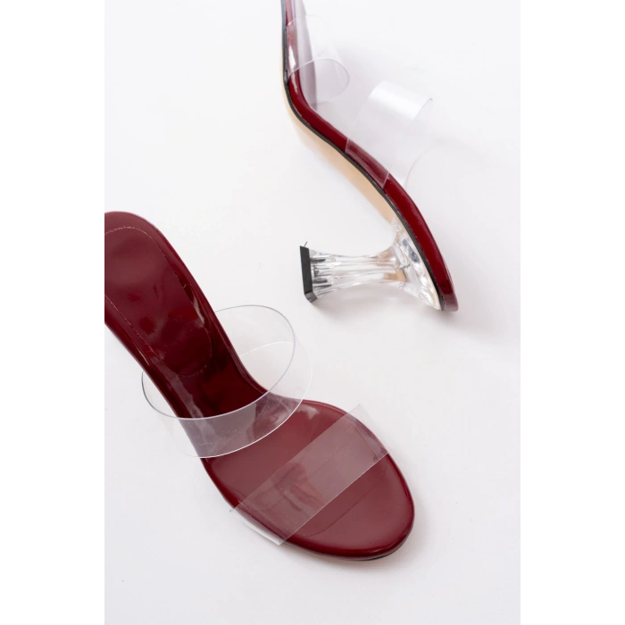 S-618 Bordo Rugan Çift  Bantlı Topuklu Kadın Terlik