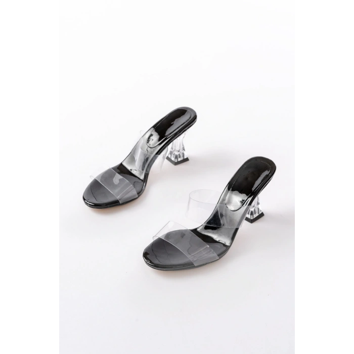 S-618 Siyah Rugan Çift  Bantlı Topuklu Kadın Terlik