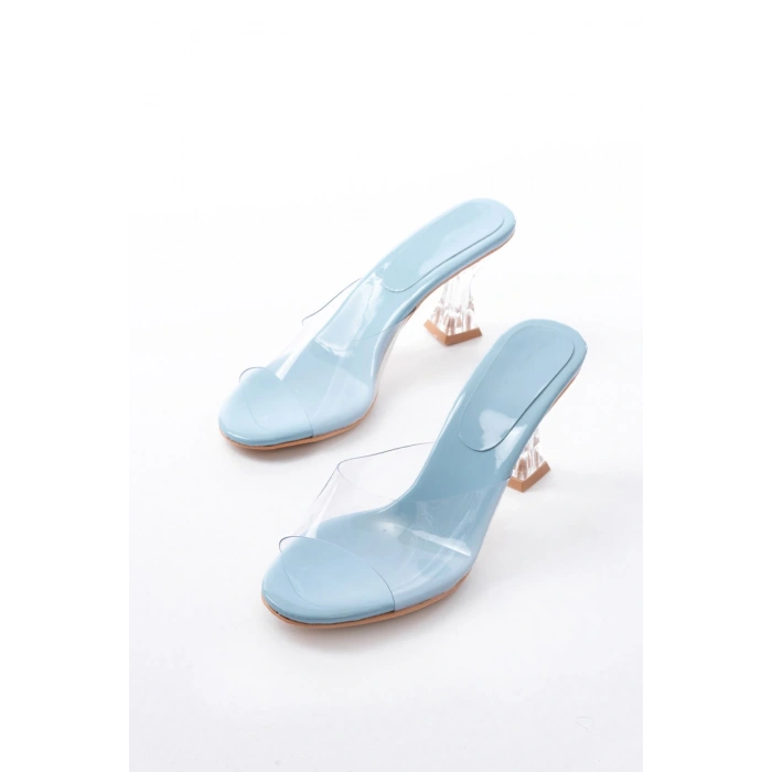 S-619 Bebe Mavi Rugan Şeffaf Bantlı Şeffaf Topuklu Yuvarlak Burunlu Kadın Terlik