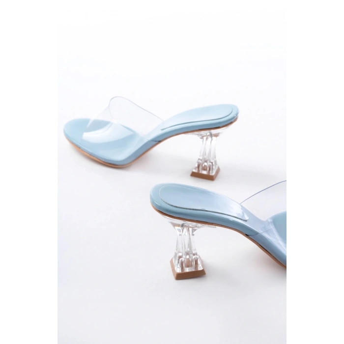 S-619 Bebe Mavi Rugan Şeffaf Bantlı Şeffaf Topuklu Yuvarlak Burunlu Kadın Terlik