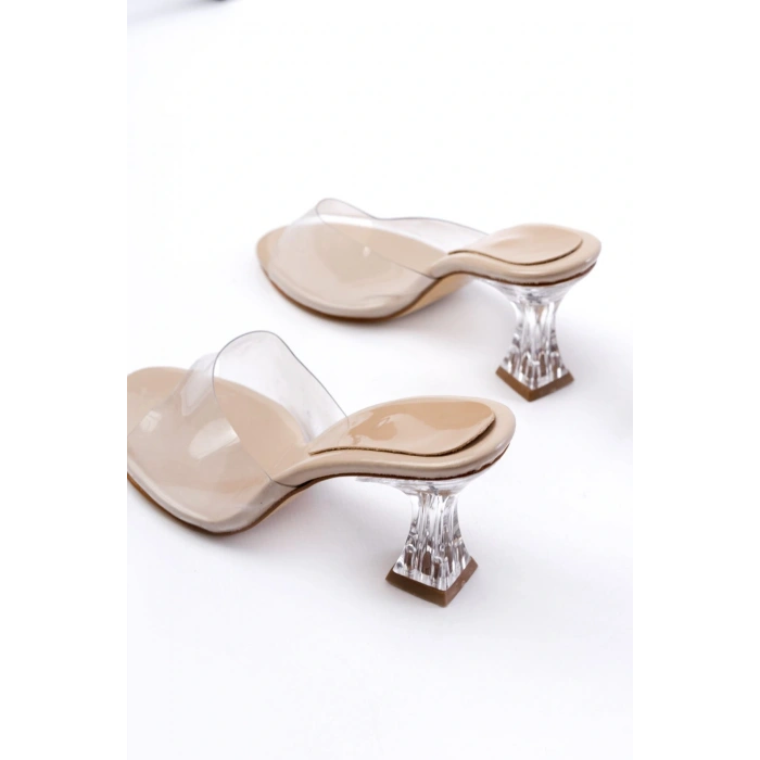 S-619 Bej Rugan Şeffaf Bantlı Şeffaf Topuklu Yuvarlak Burunlu Kadın Terlik