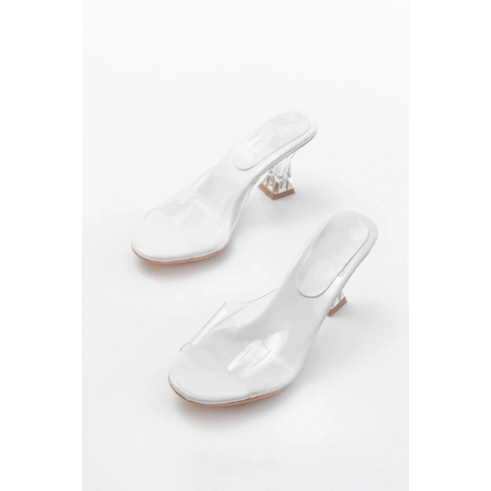 S-619 Beyaz Rugan Şeffaf Bantlı Şeffaf Topuklu Yuvarlak Burunlu Kadın Terlik