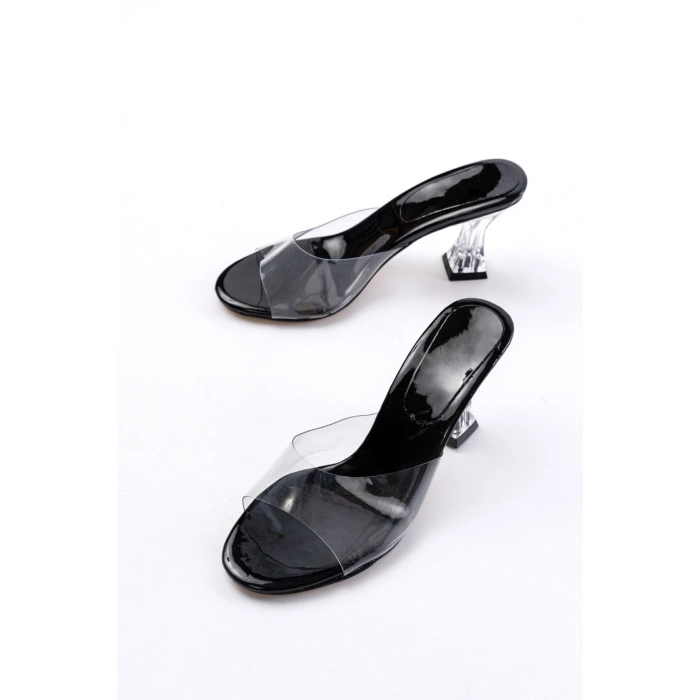 S-619 Siyah Rugan Şeffaf Bantlı Şeffaf Topuklu Yuvarlak Burunlu Kadın Terlik