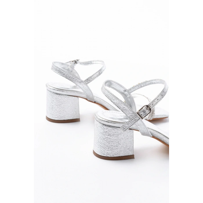 S-890 Gümüş Çift Bantlı Taşlı Kalın Topuklu Kadın Ayakkabı
