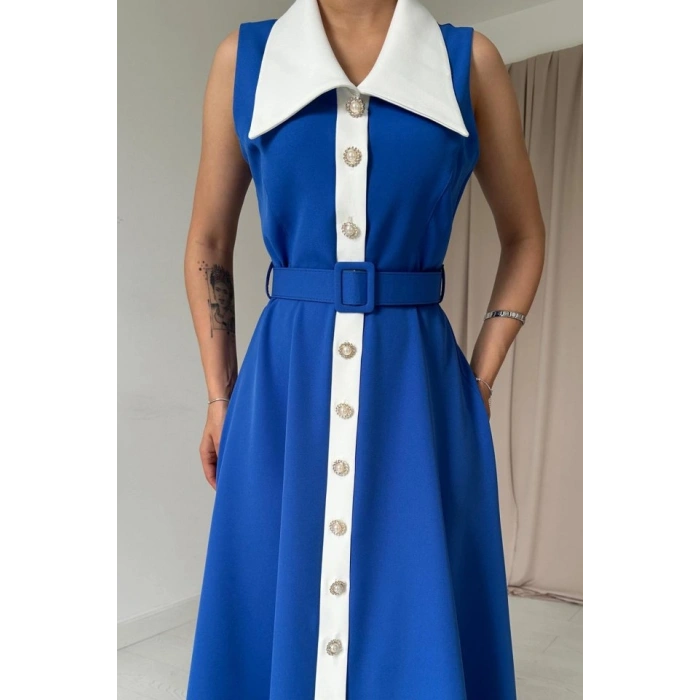 Saks Geniş Yakalı Halter Kollu Elbise