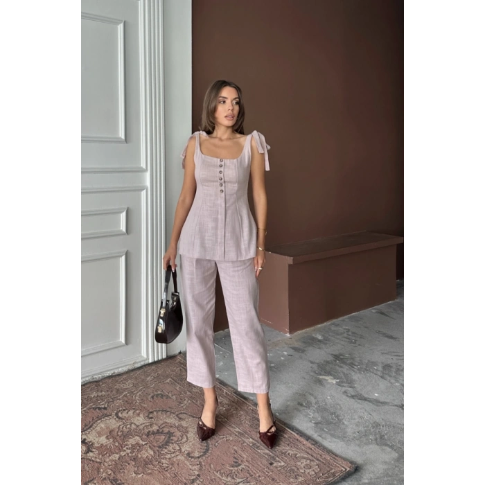 ŞANTUK KETEN YELEK GÖRÜNÜLÜAKILI BLUZ  PANTOLON TK  Lila