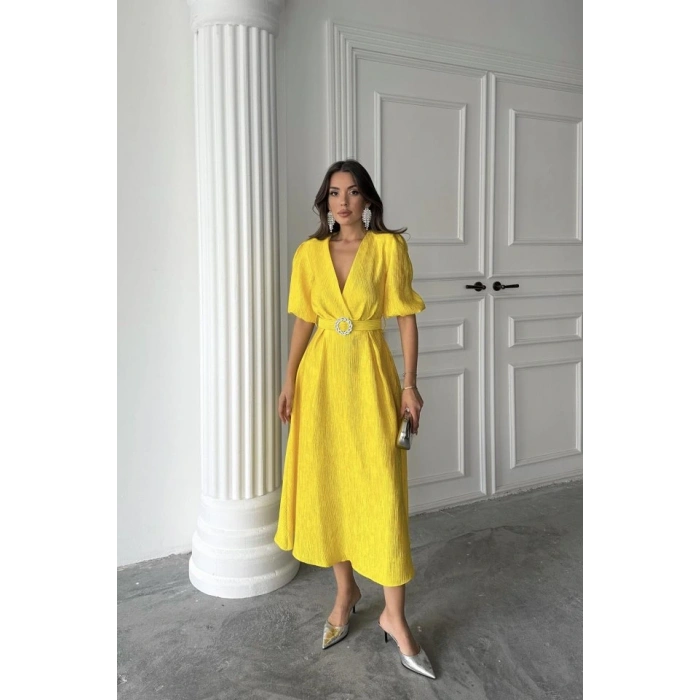 Sarı Işıltılı Kemerli Kruvaze Elbise