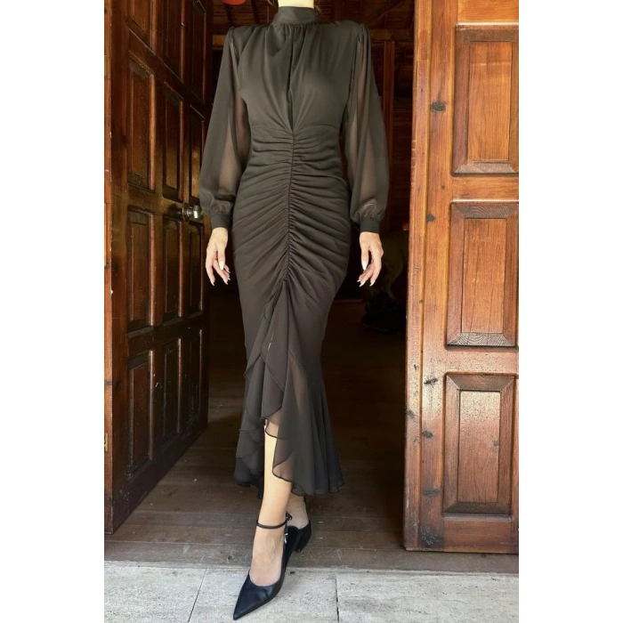 Siyah Önü Büzgülü Şifon Elbise