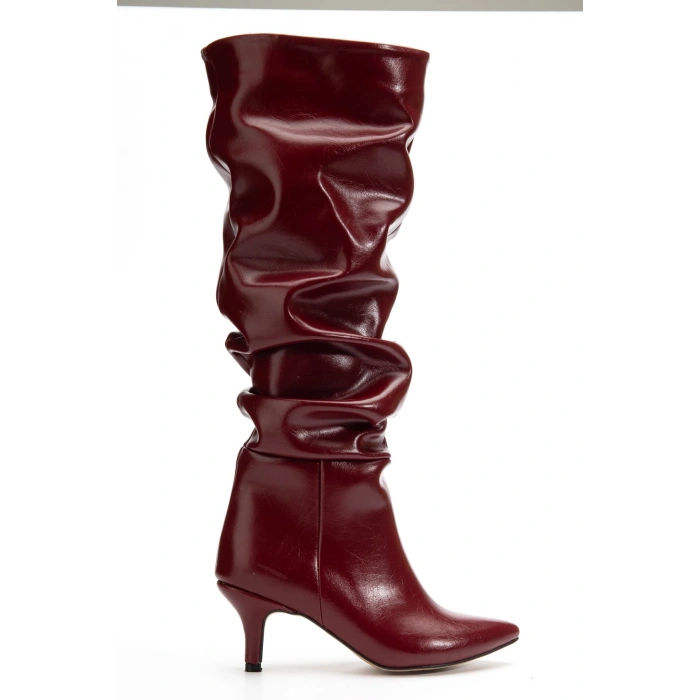 SR-2001 Bordo Kırışık İnce Topuklu Günlük Bayan Çizme