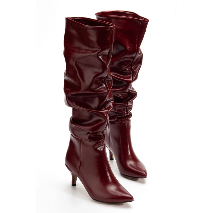 SR-2001 Bordo Kırışık İnce Topuklu Günlük Bayan Çizme