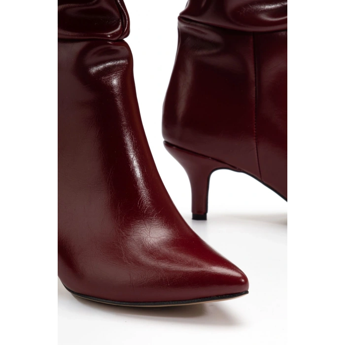 SR-2001 Bordo Kırışık İnce Topuklu Günlük Bayan Çizme