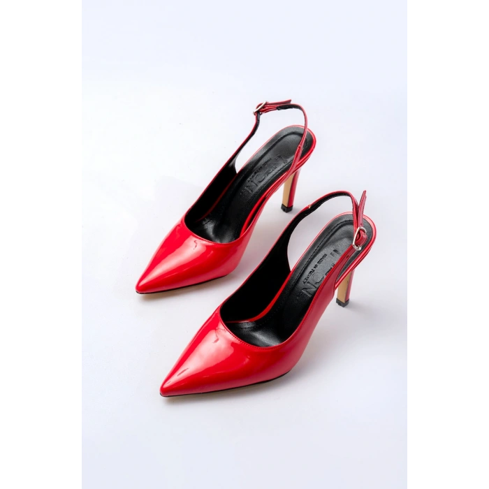 ST-1153 Kırmızı Rugan Günlük Arkası Açık 9 cm Topuklu Kadın Ayakkabı