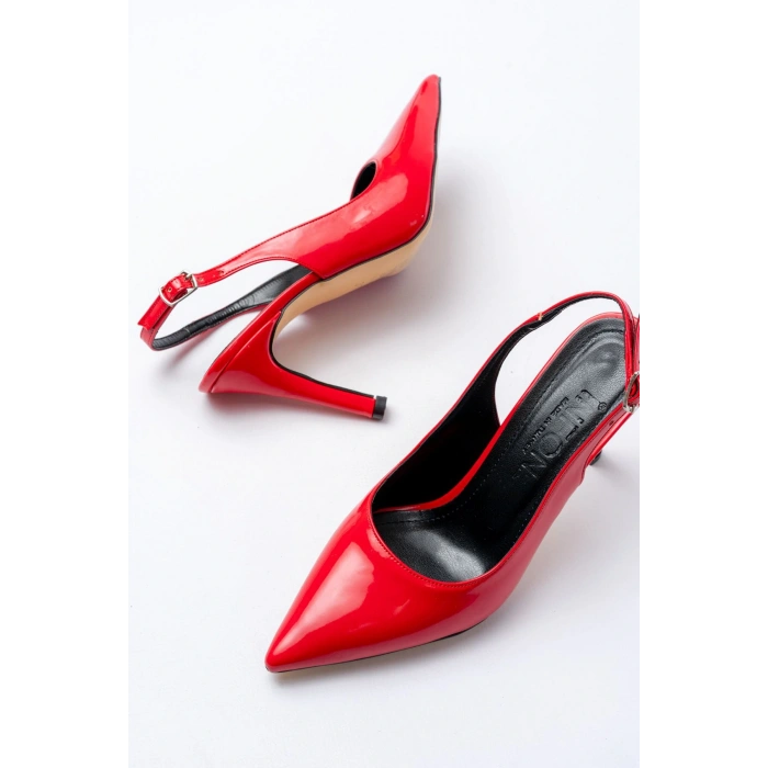 ST-1153 Kırmızı Rugan Günlük Arkası Açık 9 cm Topuklu Kadın Ayakkabı