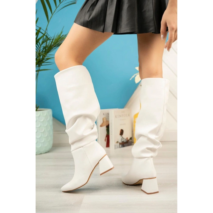 SYT-2002 Beyaz Körüklü Kalın Topuklu Günlük Bayan Çizme