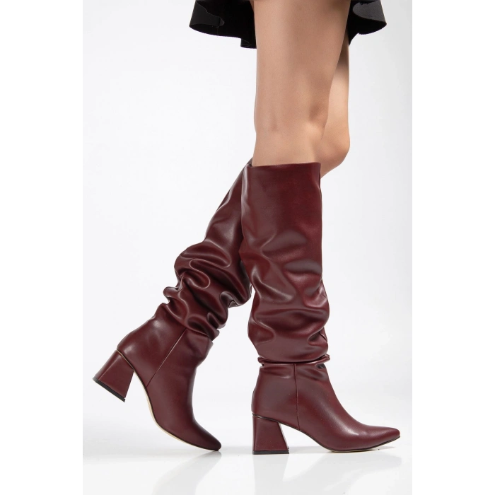 SYT-2002 Bordo Cilt  Körüklü Kalın Topuklu Günlük Bayan Çizme