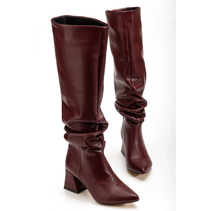 SYT-2002 Bordo Cilt  Körüklü Kalın Topuklu Günlük Bayan Çizme