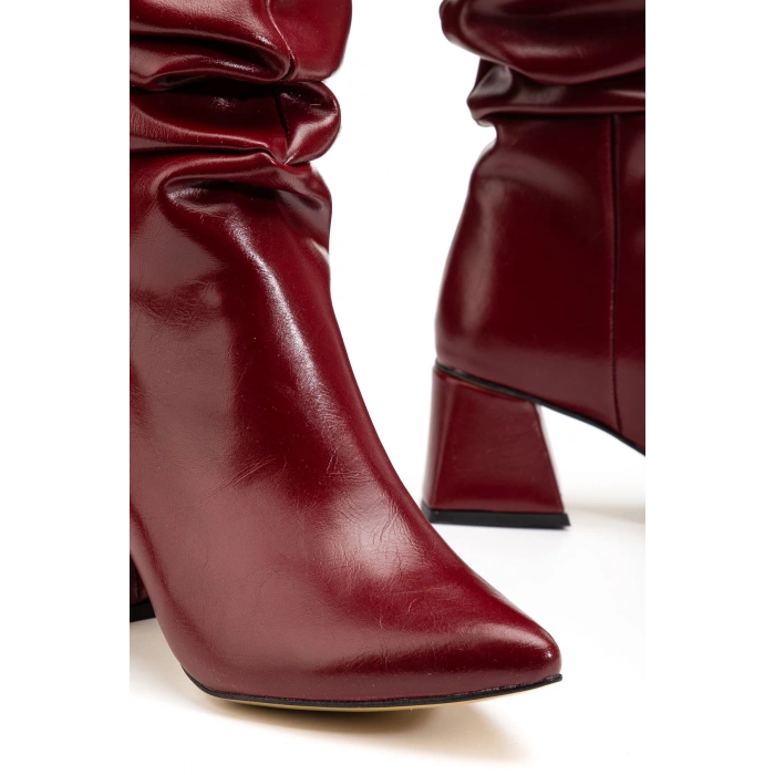 SYT-2002 Bordo Kırışık Rugan Körüklü Kalın Topuklu Günlük Bayan Çizme