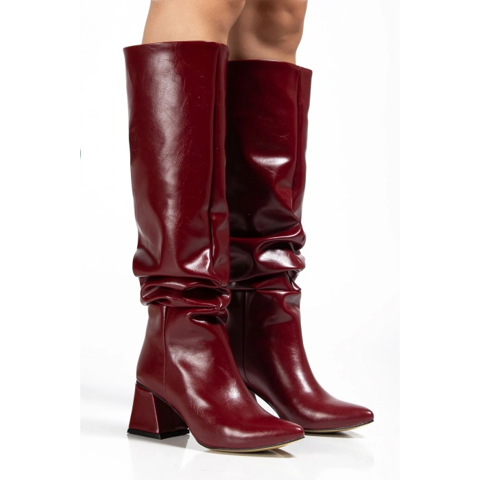 SYT-2002 Bordo Kırışık Rugan Körüklü Kalın Topuklu Günlük Bayan Çizme