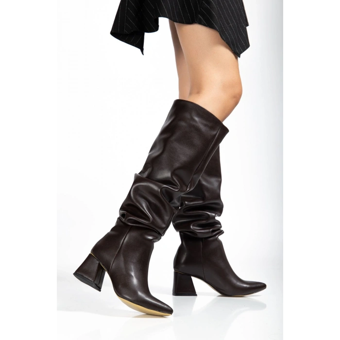 SYT-2002 Kahve Körüklü Kalın Topuklu Günlük Bayan Çizme