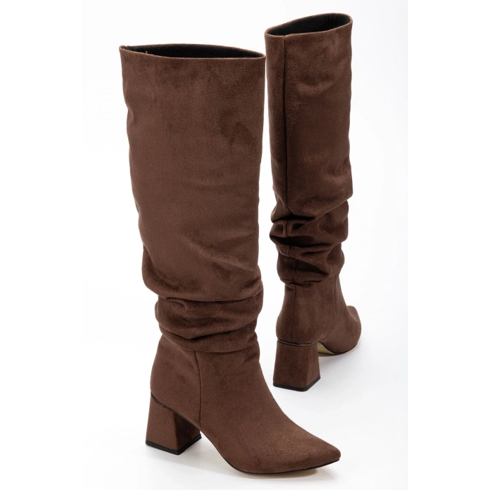 SYT-2002 Kahve Süet Körüklü Kalın Topuklu Günlük Bayan Çizme