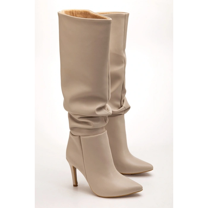 SYT-2003 Bej Körüklü İnce Topuklu Günlük Bayan Çizme