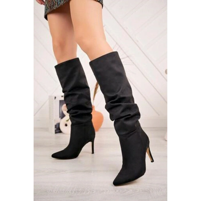 SYT-2003 Siyah Süet Körüklü İnce Topuklu Günlük Bayan Çizme