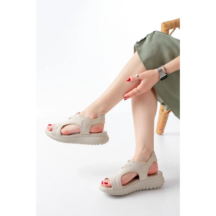 T-221 Bej  Spring Paraşüt Kumaş Lastikli Ortopedik Kadın Sandalet