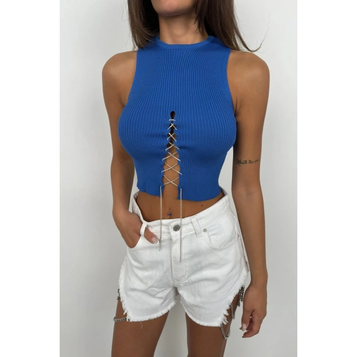 Taş Detay Dekolteli Crop Bluz