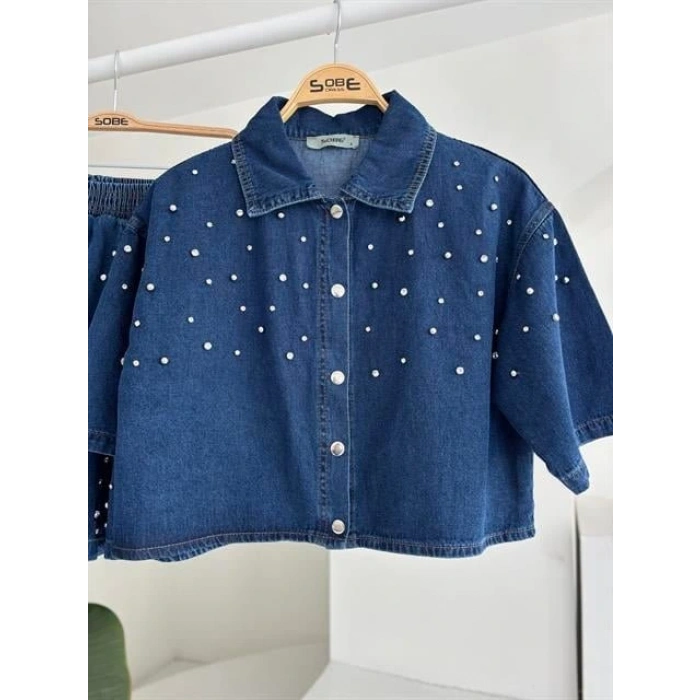 Taş Detaylı Gömlek Şort Denim Takım 10175