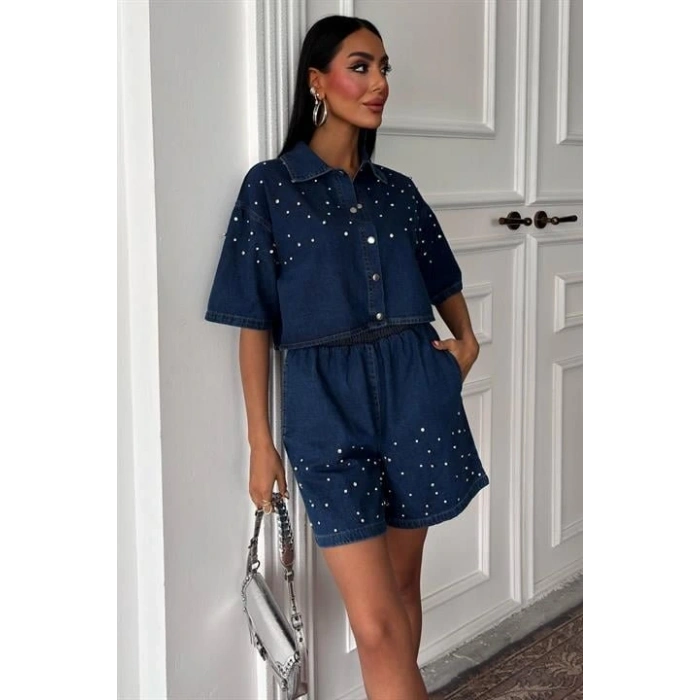Taş Detaylı Gömlek Şort Denim Takım 10175