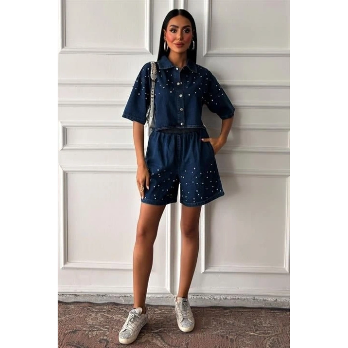 Taş Detaylı Gömlek Şort Denim Takım 10175