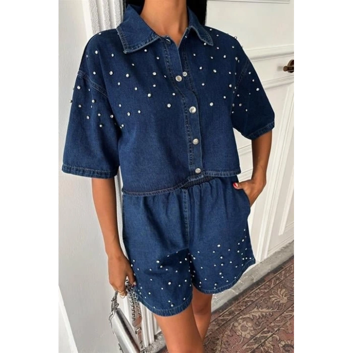 Taş Detaylı Gömlek Şort Denim Takım 10175