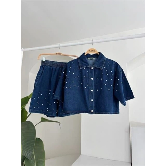Taş Detaylı Gömlek Şort Denim Takım 10175