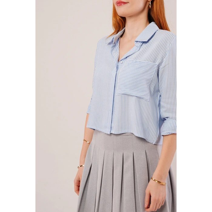 Tek Cep Çizgili Mavi Kısa Gömlek