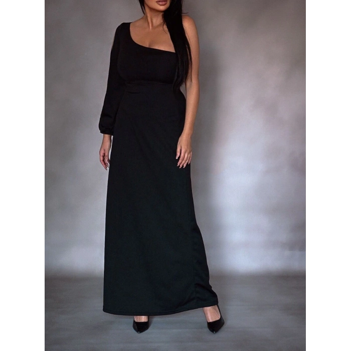 Tek Omuz Açık Derin Yırtmaçlı Krep Tam Boy Elbise