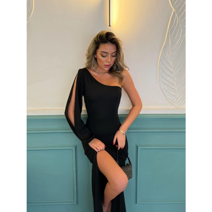 Tek Omuz Açık Derin Yırtmaçlı Krep Tam Boy Elbise