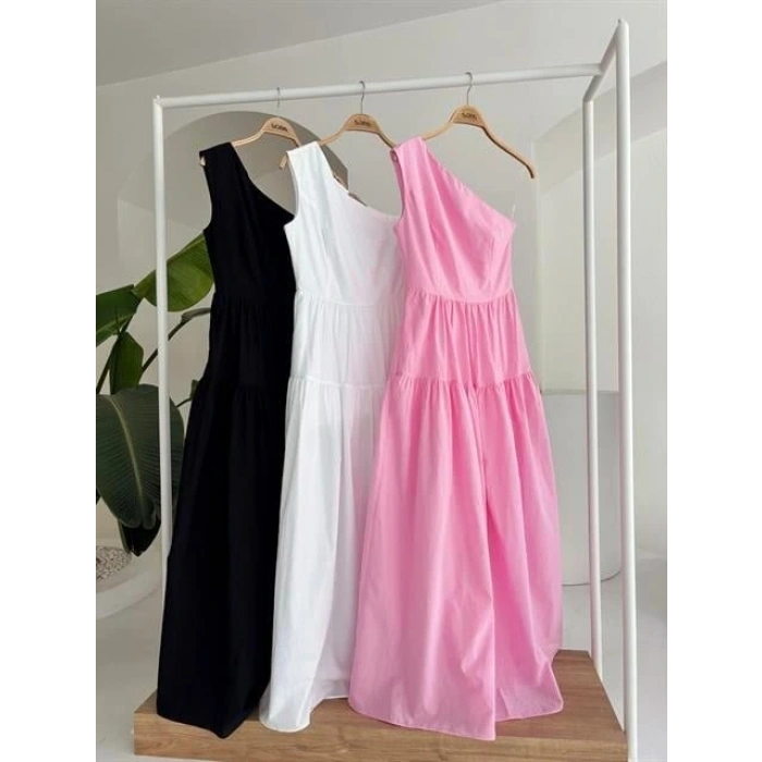 Tek Omuzlu Pile Detay Maxi Elbise 2895