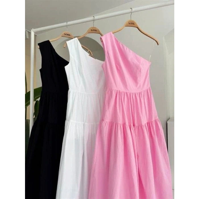 Tek Omuzlu Pile Detay Maxi Elbise 2895