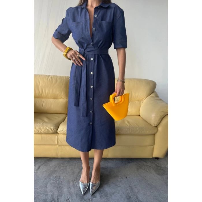 TENCEL ÖNDEN DÜĞMELİ KIA KOL ELBİE  Mavi