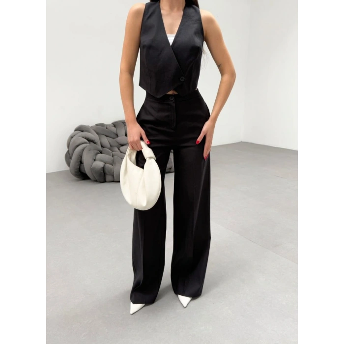 Toskana Keten Kruvaze Yaka Tek Düğmeli̇ Yelek Pantolon Takim