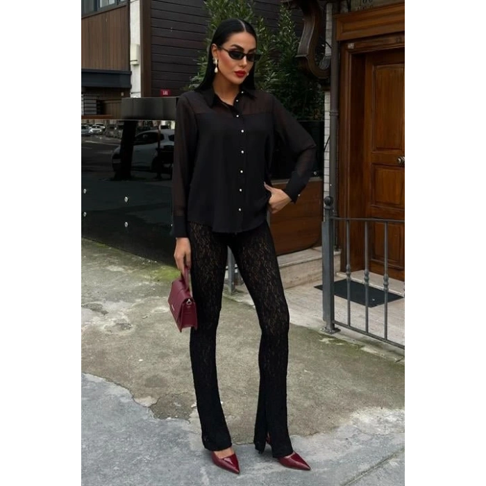 Transparan Detaylı Dökümlü Gömlek 3427